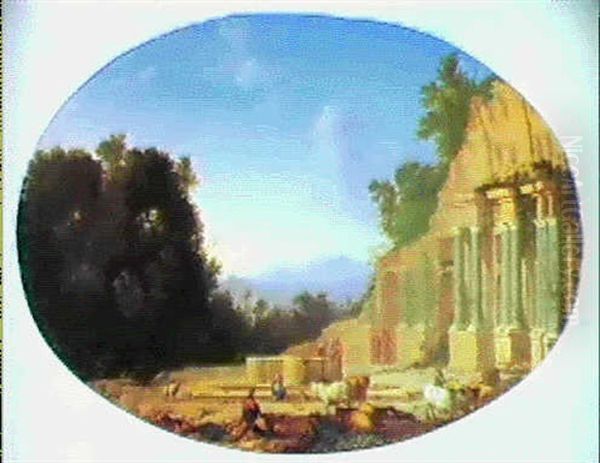 Paysage De La Campagne Romaine Avec Ruines Et Personnages Oil Painting by Henri Mauperche