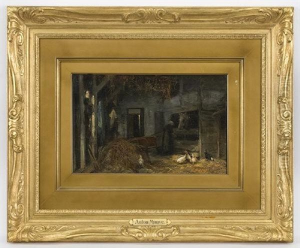 Interior Stable Scene Oil Painting by Anton Mauve