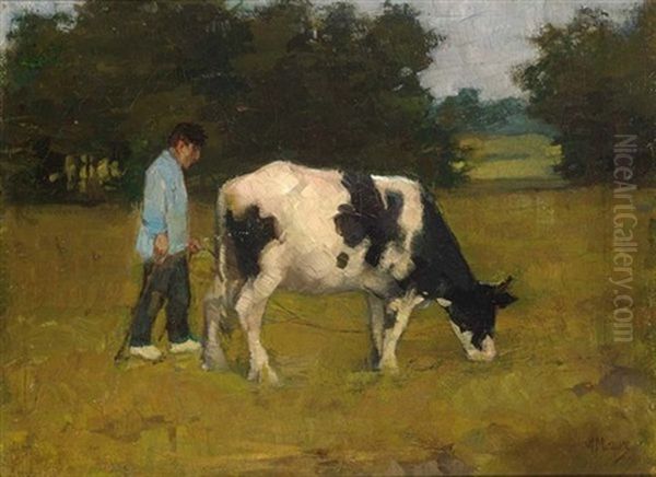 A Farmer With His Cow In The Meadow Oil Painting by Anton Mauve