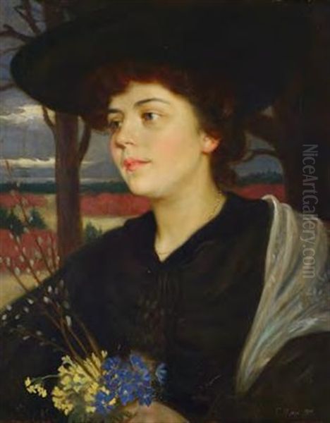 Brustportrat Einer Jungen Frau Mit Hut Und Schlusselblumen Vor Landschaft Oil Painting by Corneille Max