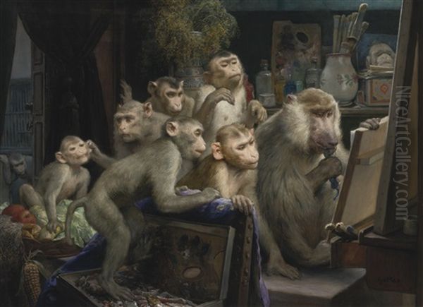 Der Atelierbesuch (a Visit To The Artist's Studio) Oil Painting by Gabriel von Max