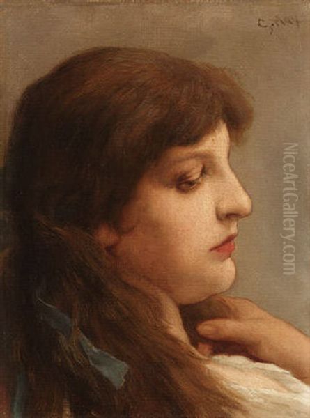 Portrat Eines Madchens Mit Blauer Schleife Im Haar Oil Painting by Gabriel von Max