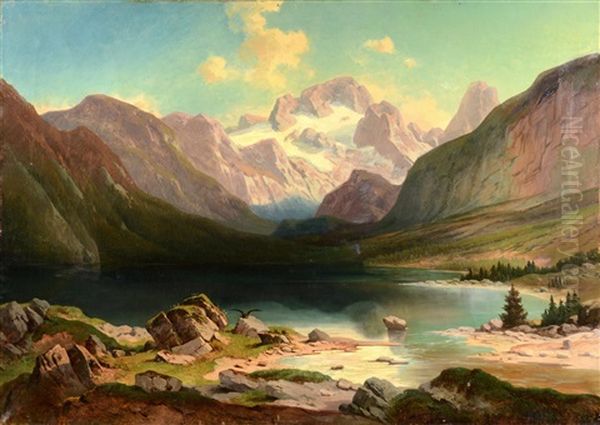 Lake Landscape With Dachstein Mountain Massif Oil Painting by Josef Mayburger