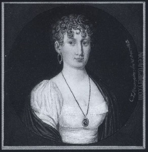 A Lady Wearing White Dress With Pink Ribbon Waistband, Green Shawl, Hoop Earring And Portrait Miniature On A Chain About Her Neck Oil Painting by Constance Marie Mayer-Lamartiniere