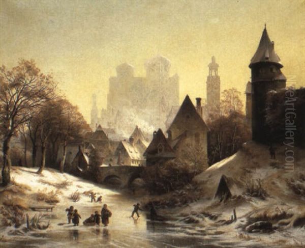 Children Playing On A Frozen River Outside A Town Oil Painting by Friedrich (Der Rote) Mayer