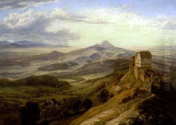Blick In Die Weite Landschaft Der Schwabischen Alb Mit Der Burg Rechberg Auf Einem Der Dreikaiserberge Vor Den Toren Goppingens Oil Painting by Louis Mayer