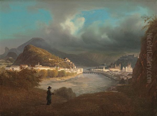 Blick Auf Salzburg, Im Hintergrund Der Untersberg Und Der Hohe Goll (+ Blick Auf Salzburg Mit Dem Kapuzinerberg; 2 Works) Oil Painting by Josef Mayr
