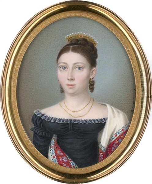 Bildnis Einer Jungen Frau Im Schwarzen Kleid Mit Besticktem Schal, In Den Haaren Ein Mit Perlen Besetzter Haarkamm Oil Painting by Peter Mayr