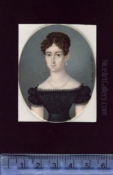 A Lady Wearing White Dress With Blue Belt, A Crucifix At Her Neck, Her Hair Plaited And Upswept (+ A Lady Wearing Black Dress With Banded Bodice, Pearls At Her Neck, Pearls Earrings; Pair) Oil Painting by Peter Mayr