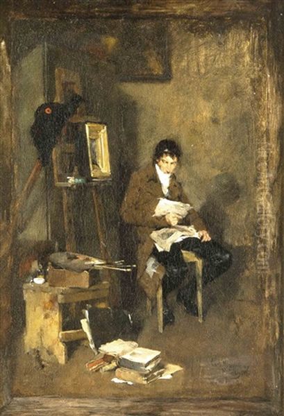 Selbstportrait Bei Der Lekture In Dunkler Stube Mit Staffelei U. Allerlei Malutensilien Oil Painting by Carl Mayr-Graetz