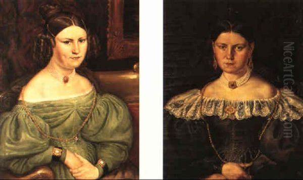 Portratt Av Konstnarens Systrar (pair) Oil Painting by Carl Peter Mazer