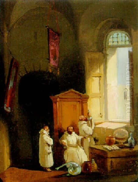 Monk Alchemists In An Interior Oil Painting by Giuseppe Mazza