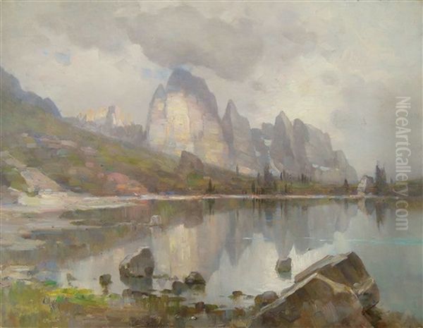 Serene Lake Scene Oil Painting by Emo Mazzetti