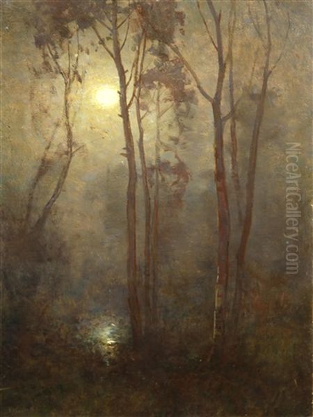 A Moonlit Forest Oil Painting by Emo Mazzetti