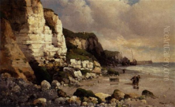 Nordfransk Kyststraekning Med Fiskerkoner Pa Stranden Oil Painting by Emo Mazzetti