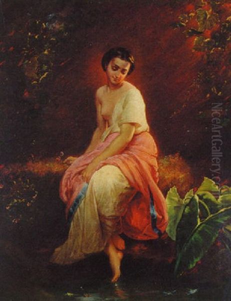 A Rest Beside A Woodland Pool Oil Painting by Giuseppe Mazzolini