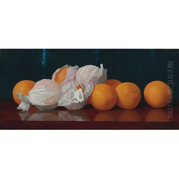 Wrapped Oranges On A Tabletop Oil Painting by William J. McCloskey