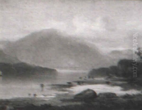 Cows Watering In A Highland Landscape Oil Painting by Horatio McCulloch