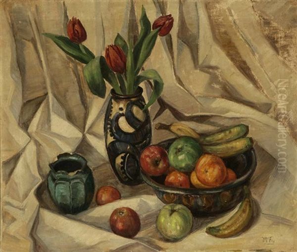 Still Life - Fruit, Tulips And Vases Oil Painting by Henry Lee Mcfee
