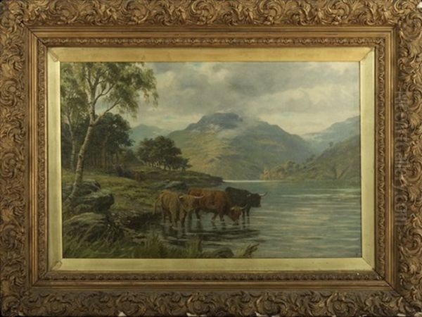Highland Cattle By A Loch Oil Painting by Thomas Hope Mckay