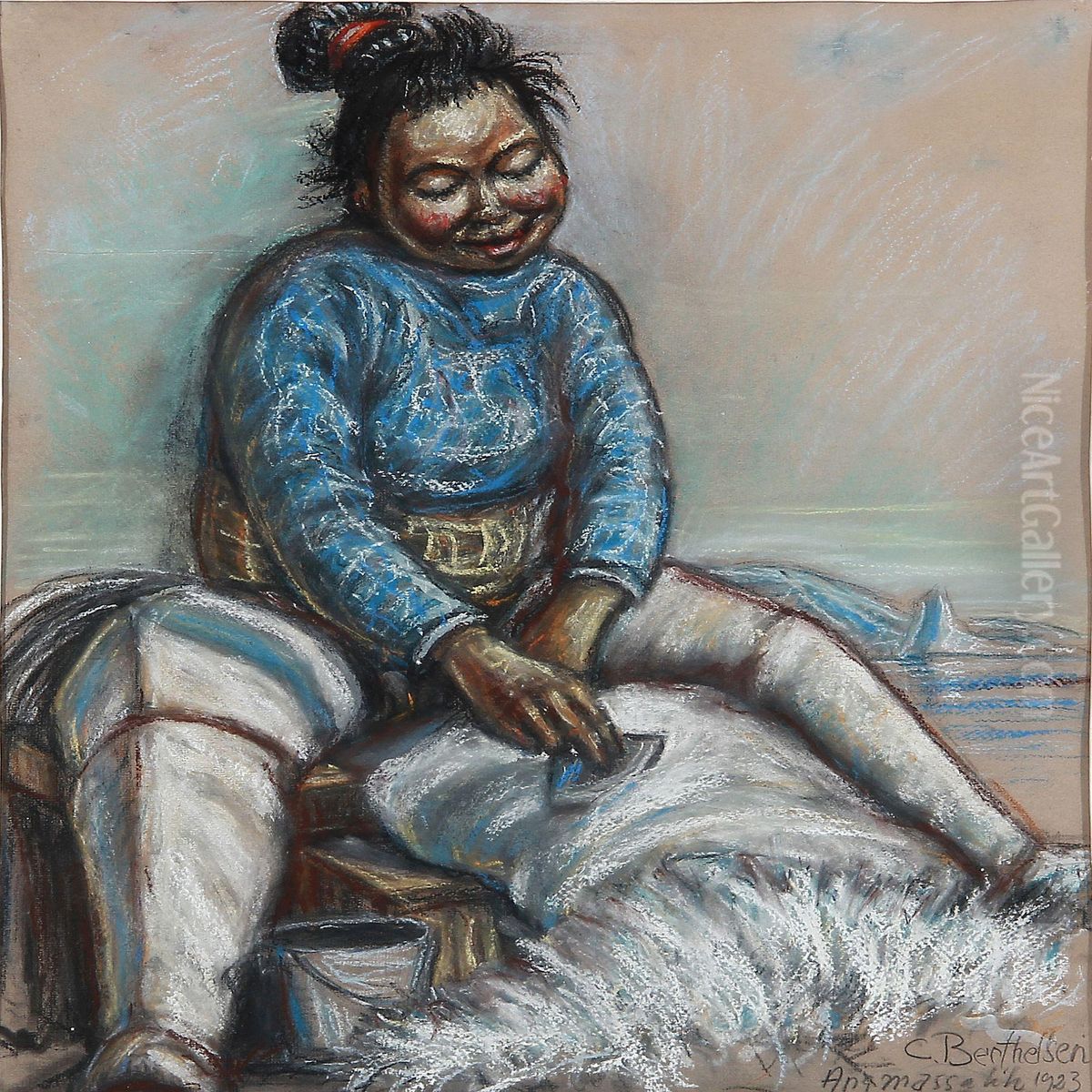 Portrait Of A Working Inuit Oil Painting by Christian Berthelsen