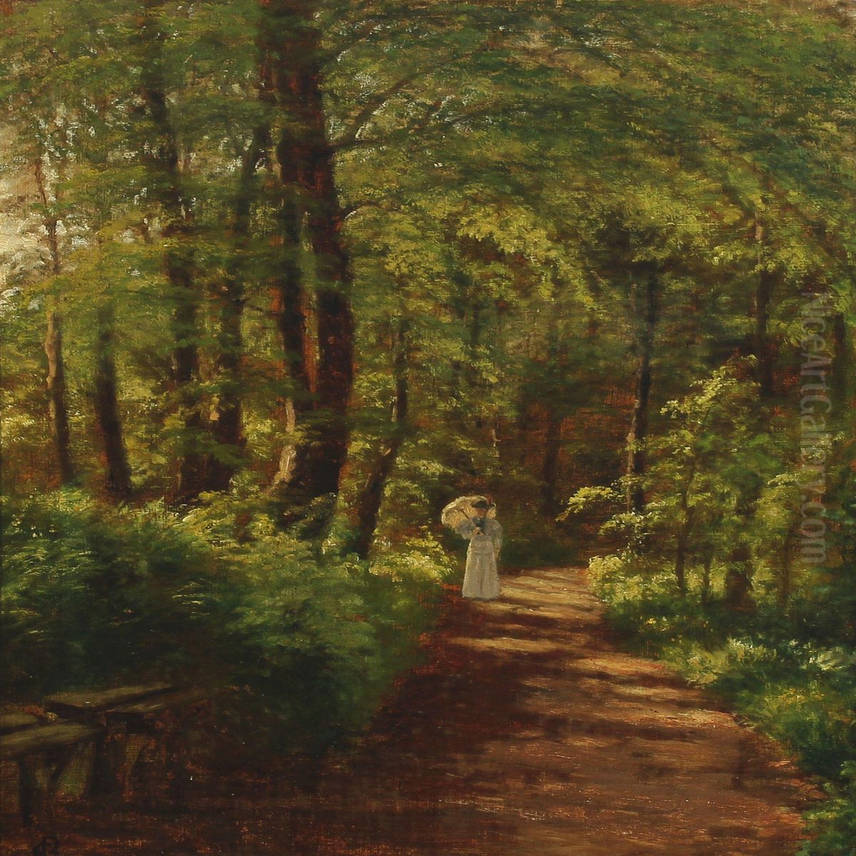 Forest Scenery With Woman Strolling Oil Painting by Christian Berthelsen