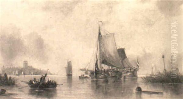 Shipping In A Calm Off Greenwich Oil Painting by Arthur Joseph Meadows