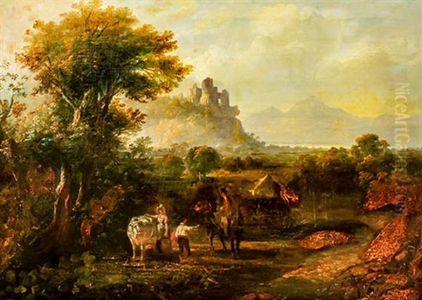 Traveler In A Farm Landscape Oil Painting by James Edwin Meadows