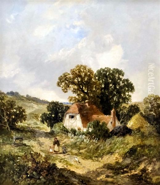 Figures On A Country Track With Half-timbered Cottage To Background Oil Painting by James Edwin Meadows
