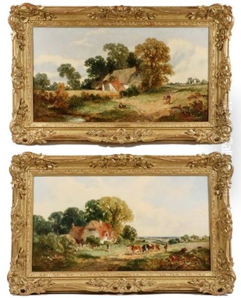 A Pair Of Sussex Farmstead Landscapes Oil Painting by James Edwin Meadows