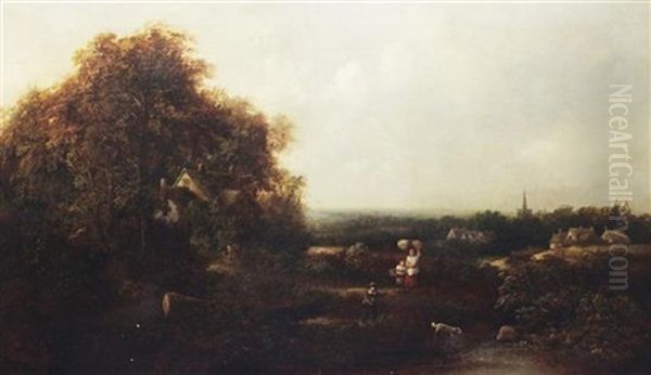 Extensive Landscape With Children Beside A Brook Oil Painting by James Edwin Meadows