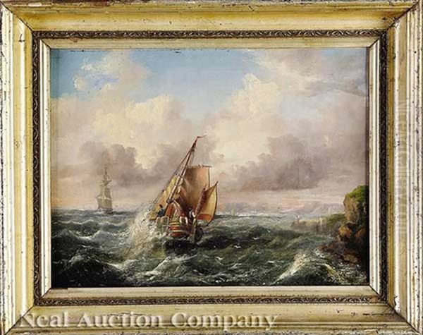 Sailboat In Stormy Seas Off A Rocky Coast Oil Painting by James Edwin Meadows