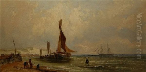 Shipping Off The Coast With Fishermen Landing Their Catch Oil Painting by James Edwin Meadows