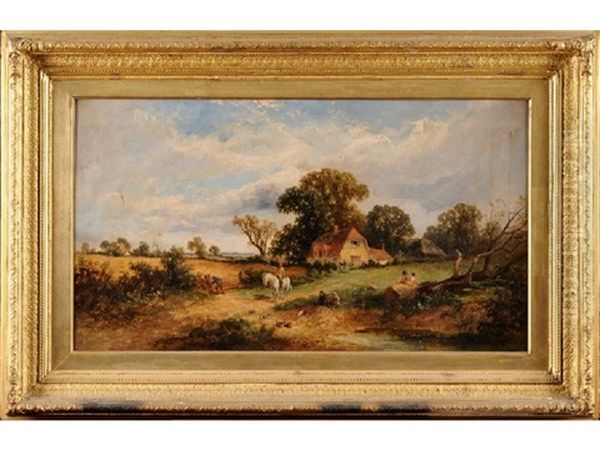 A Rural Scene, Horse And Figures By A Stream, Hay Fields And Cottage Beyond Oil Painting by James Edwin Meadows