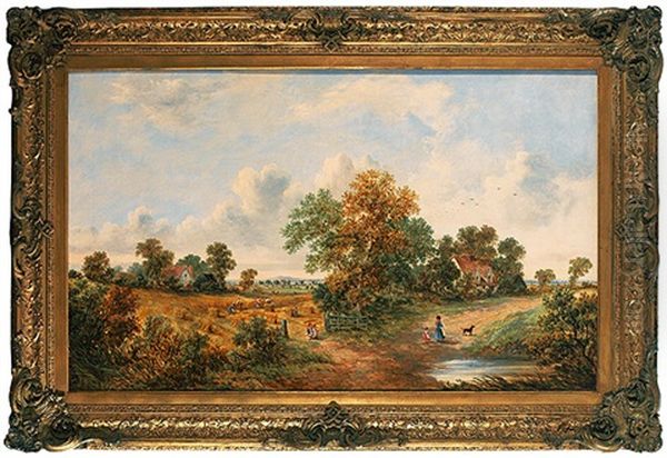 Weizenernte Und Spielende Kinder; Zwischen Baumen Und Hag Verstecktes Anwesen Oil Painting by James Edwin Meadows