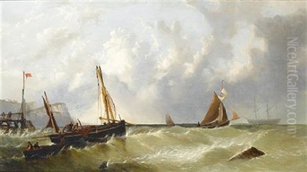 Fishermen At Work Off A Jetty In A Heavy Swell Oil Painting by James Edwin Meadows