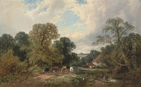 A Drover And His Herd On A Country Road Oil Painting by James Edwin Meadows