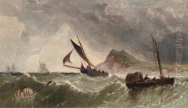 Fishing Boats Off A Fortified Island (lindisfarne?) Oil Painting by James Edwin Meadows