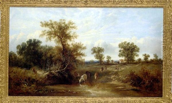 Rural Landscape With Cattle Watering Oil Painting by James Edwin Meadows