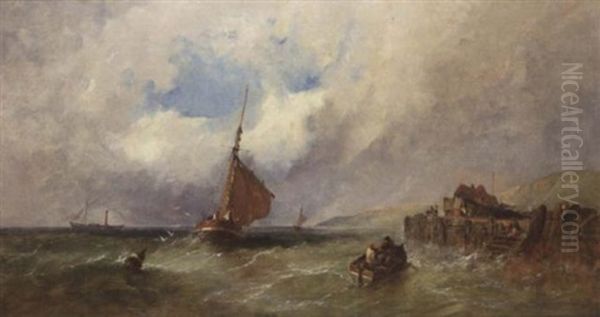 Shipping Off A Pier Oil Painting by James Edwin Meadows