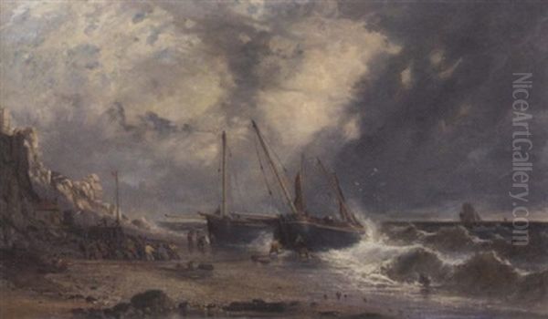 Fishermen Pulling Rye Trawlers Up The Beach Out Of The Swell Oil Painting by James Edwin Meadows