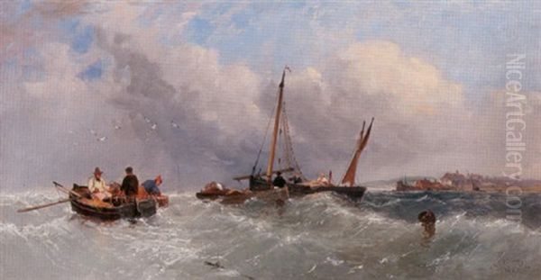 Fishing Boats Off The Essex Coast Oil Painting by James Edwin Meadows