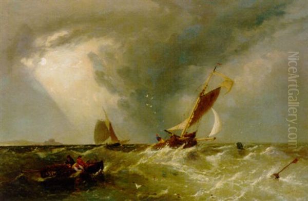 Getting The Nets In Before The Squall Oil Painting by James Edwin Meadows