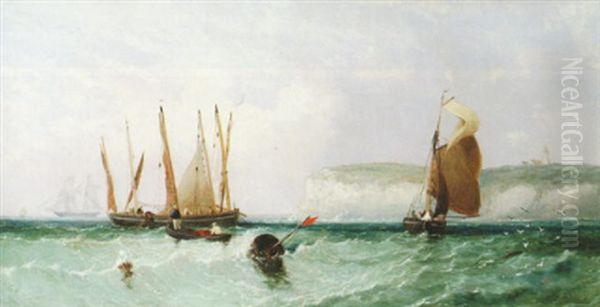 Herring Boats Off Flamborough Head Oil Painting by James Edwin Meadows