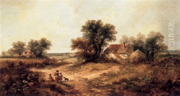 Harvesters Before A Cottage In An Extensive Summer Landscape Oil Painting by James Edwin Meadows