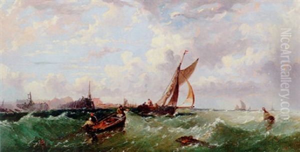 Barges In A Heavy Swell Oil Painting by James Edwin Meadows