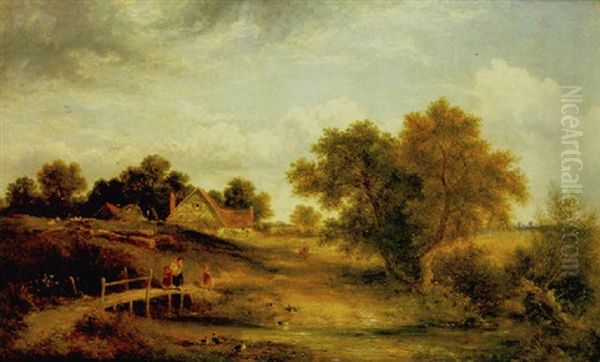 Paisaje Con Ninos Mirando Los Patitos Oil Painting by James Edwin Meadows