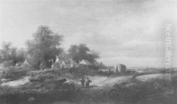 Rural Landsccape With Farmers And Haywagon Oil Painting by James Edwin Meadows