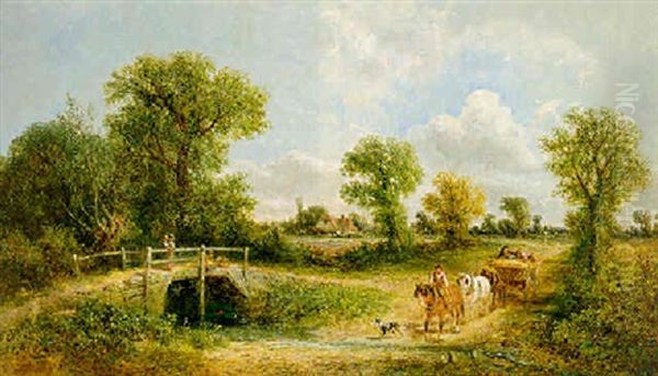 A Horse-drawn Wagon Fording A Stream Oil Painting by James Edwin Meadows