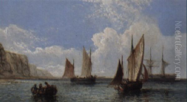 Rye Fishing Boats Off The White Cliffs Oil Painting by James Edwin Meadows